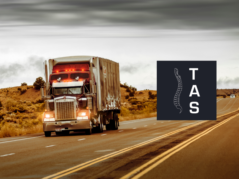 Das Bild zeigt einen roten amerikanischen Truck mit einem hellen Lkw-Anhänger auf einer doppelspurigen Landstraße. Im Hintergrund ist ein sandiger Hügel mit ein paar dunkelgrünen Bäumen. Am linken Bildrand ist zentriert das schwarze TAS Logo mit der weißen TAS Schrift sowie mit dem weißen Wirbelsäulensymbol.