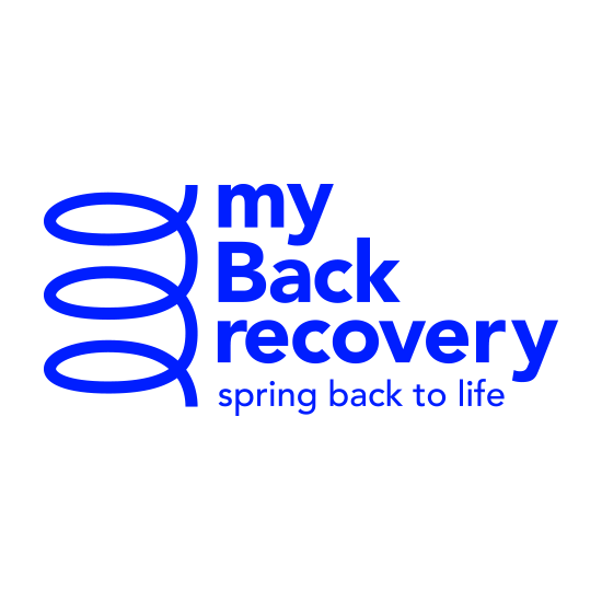 Das Logo My Back Recovery zeigt den blauen "My Back Recovery" Schriftzug auf einem weisen Hintergrund. Zudem ziert ein blauer "spring back to life" Schriftzug den unteren Abschluss.